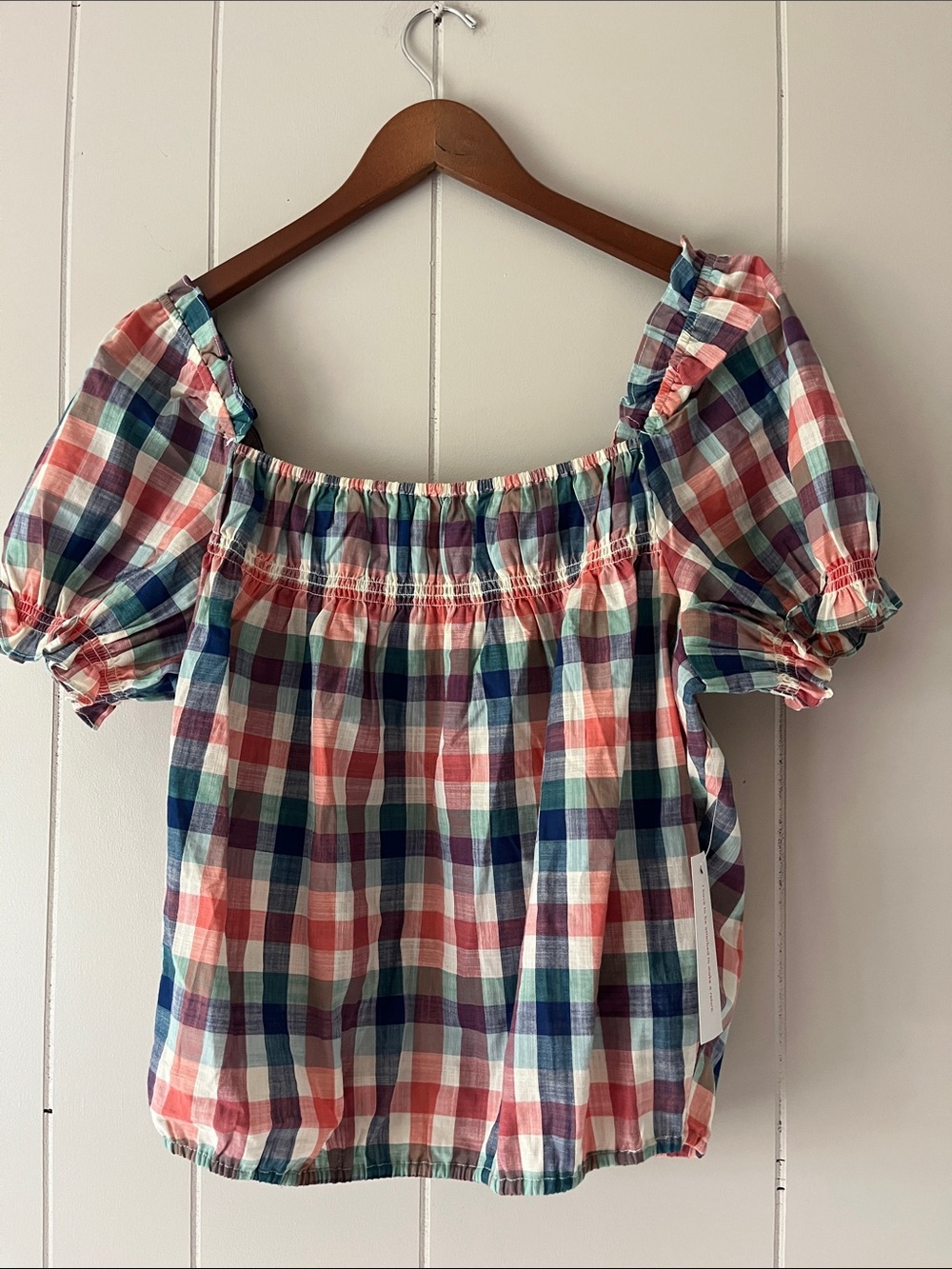 Plaid Off-Shoulder Puff Sleeve Top in Coral & Navy